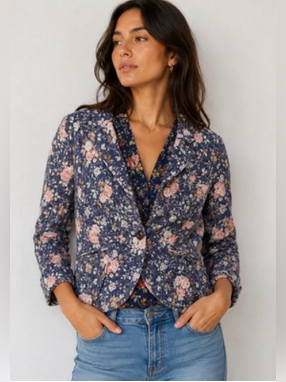 Anthropologie Floral Navy Cropped Blazer Linen Blend